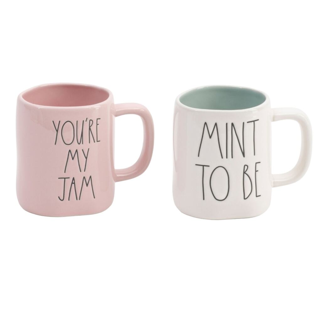 Rae Dunn You're My Jam Mint To Be Mug Set Pink Green 19.5oz Coffee Cups Box NIB
